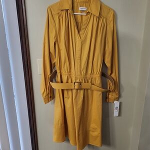 Calvin Klein Yellow Belted Long Sleeve Shirt Dress